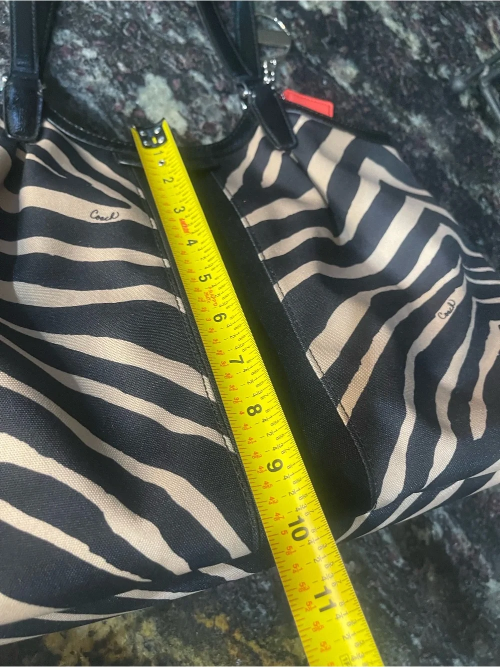 Coach Black and Cream Zebra-Print Devin Patent Leather Shoulder Tote